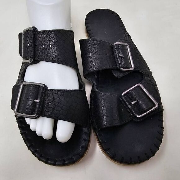 TRASK BLACK LEATHER SNAKE PRINT CARLI SLIDE BUCKLE SANDAL WOMENS SIZE 8 M - Picture 3 of 8